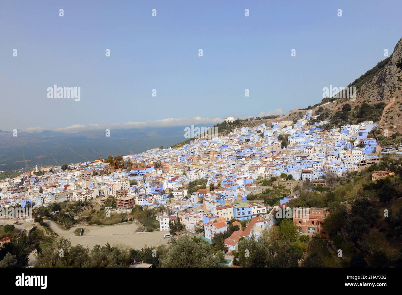 View of the Blue City of Chefchouen in the Rif mountains in Morocco. Stock Photo