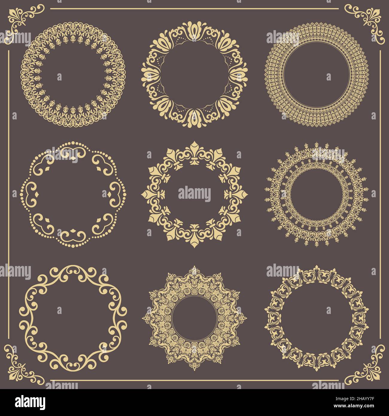 Vintage set of vector round elements. Different golden elements for ...