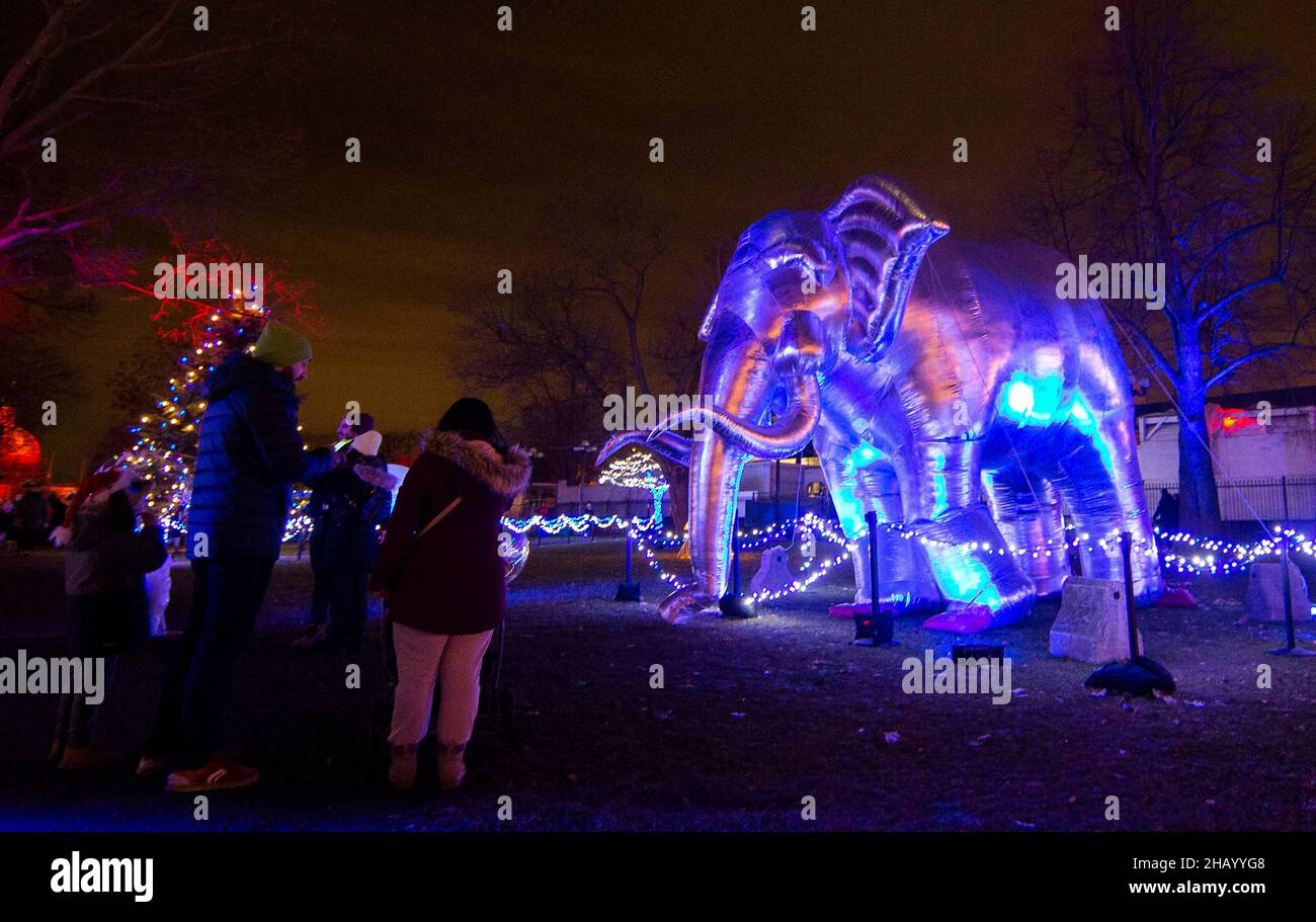 Toronto, Canada. 15th Dec, 2021. People view an inflatable elephant during the Polar Winter Festival in Toronto, Canada, Dec. 15, 2021. As an outdoor walk-through holiday experience, this immersive festival is held here from Nov. 25 to Dec. 26 this year. Credit: Zou Zheng/Xinhua/Alamy Live News Stock Photo