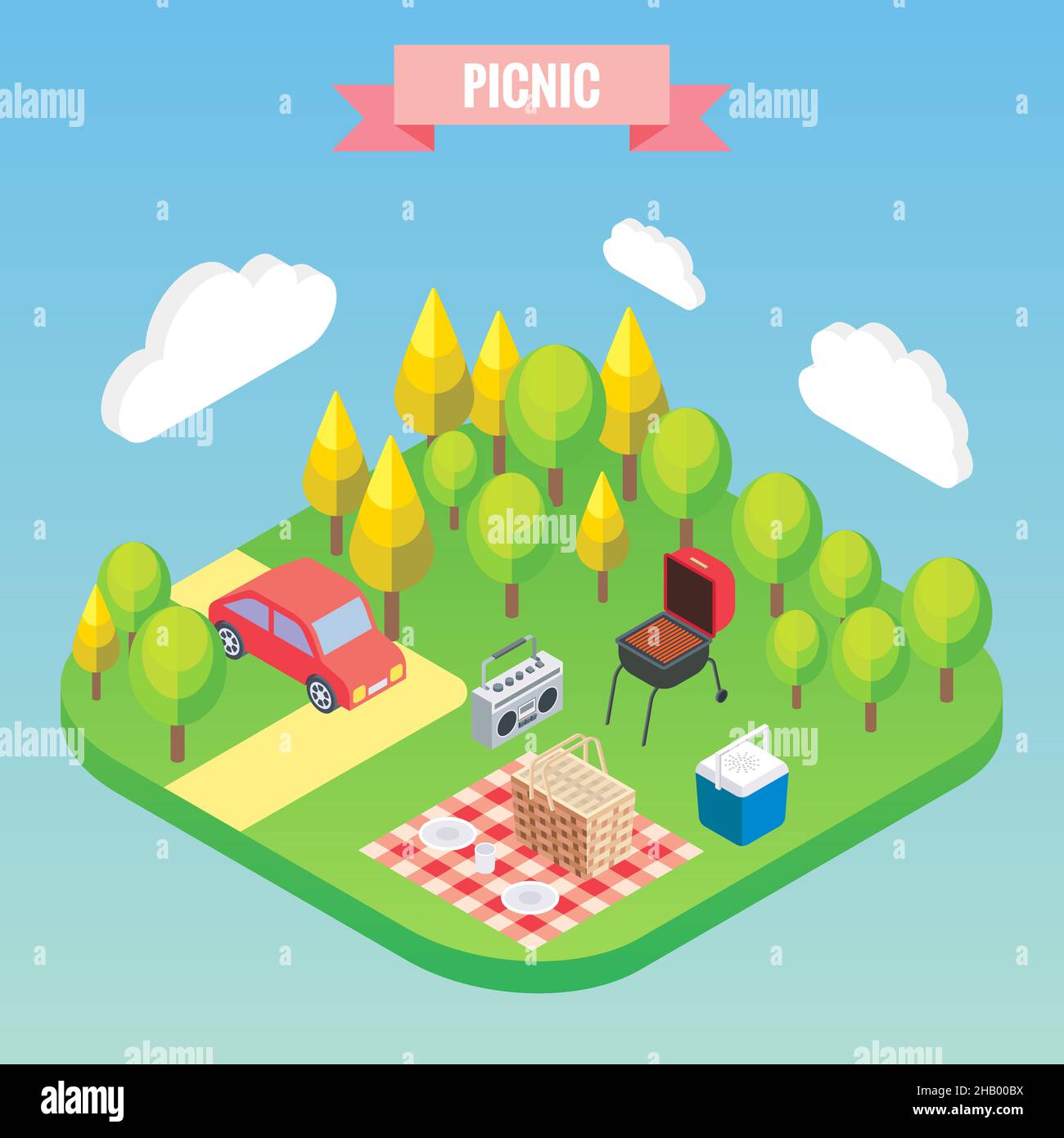 Picnic in a park isometric objects. Vector illustration in flat 3d ...