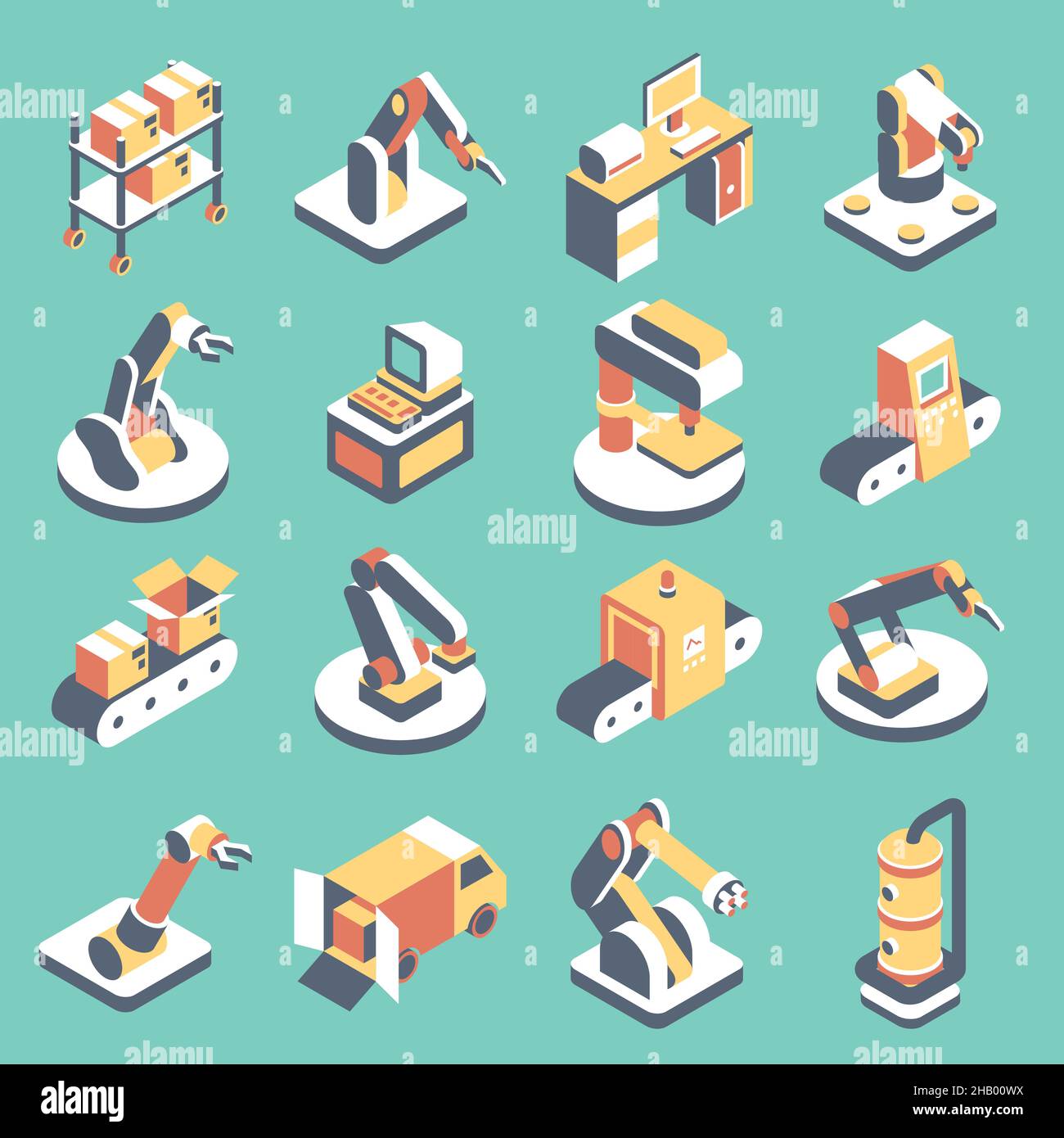 Vector automated production line flat isometric icon set. Manufacturing ...
