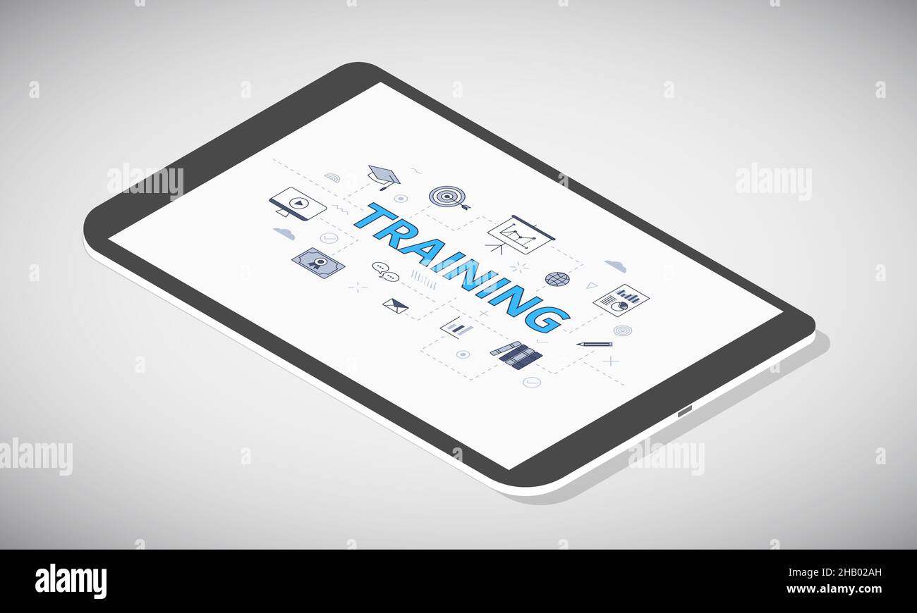 business training concept on tablet screen with isometric 3d style ...
