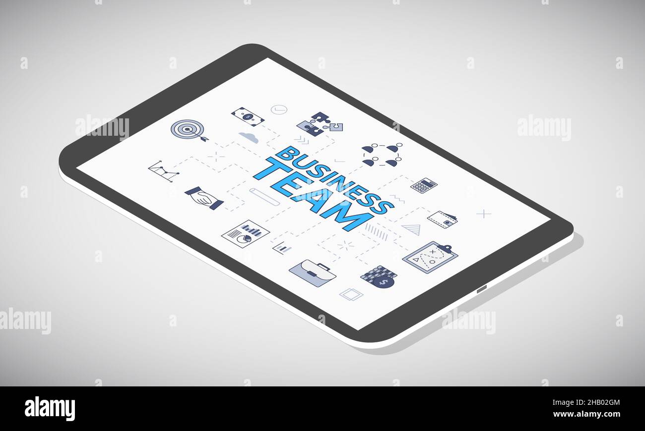 business team concept on tablet screen with isometric 3d style vector ...