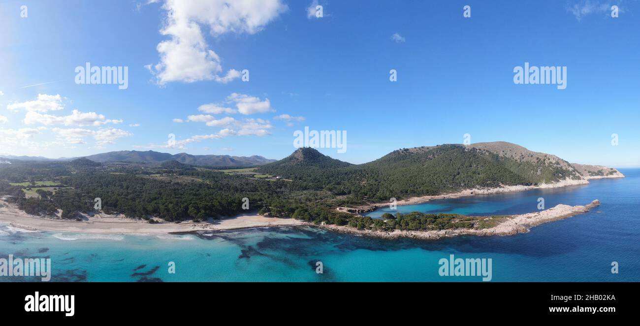 Cala Agulla Mallorca. Aerial view of the seacoast of the beach in Mallorca with torquoise water colour. Amazing photo of the beach. Concept of summer, Stock Photo