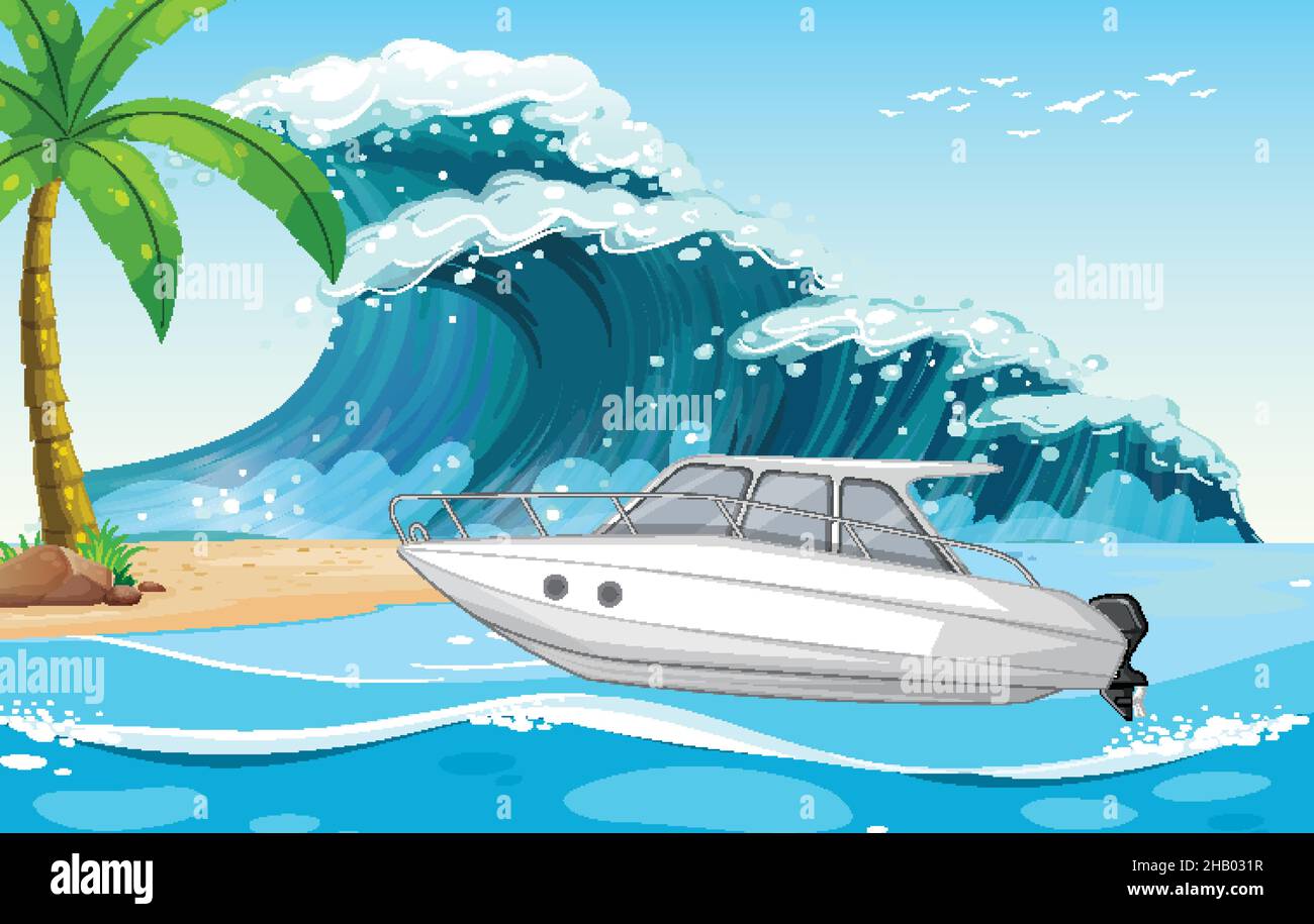 Beach scene with speed boat on sea wave illustration Stock Vector Image ...