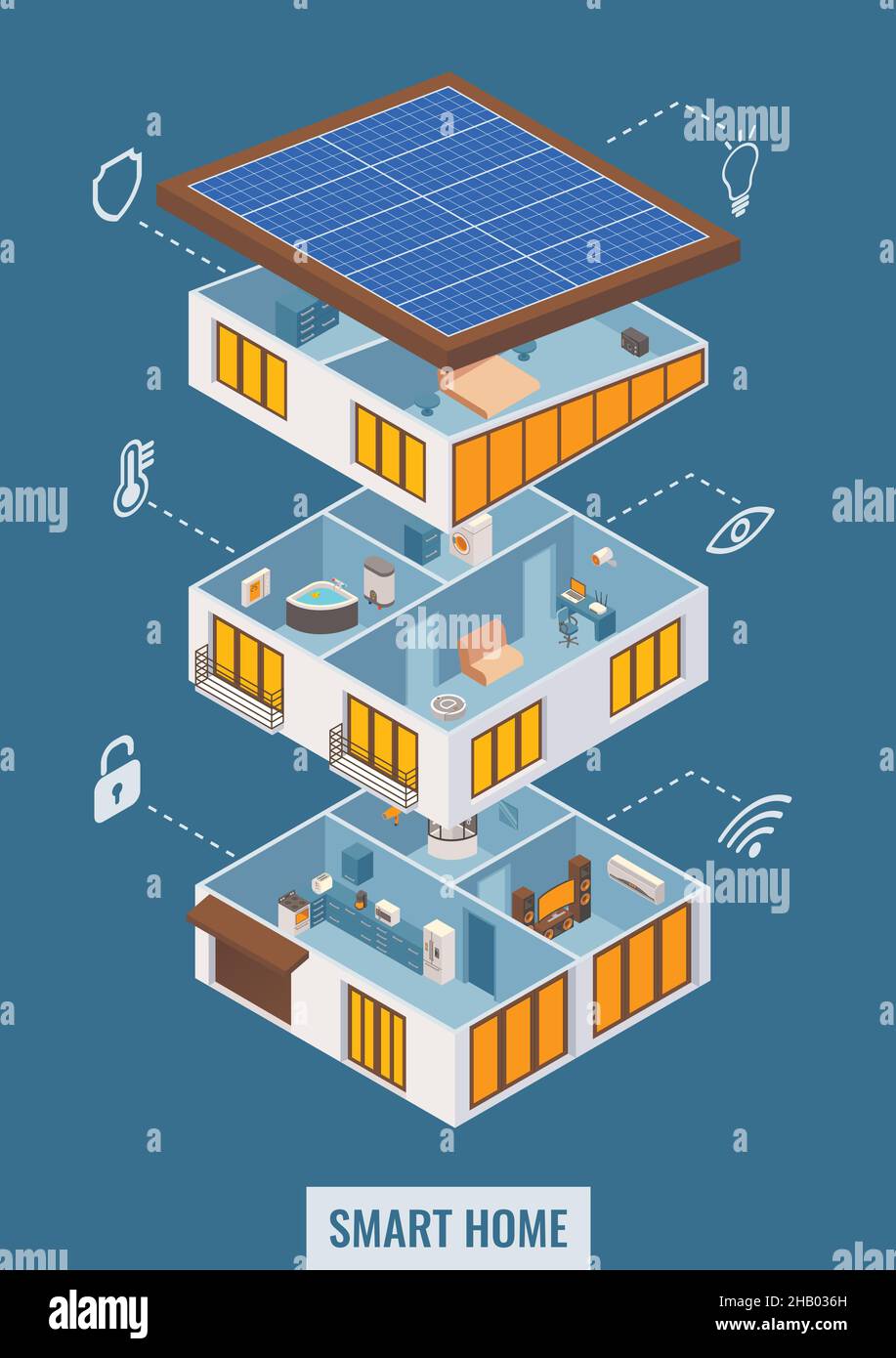 Vector flat 3d isometric house with rooms in cut view. Detailed modern ...