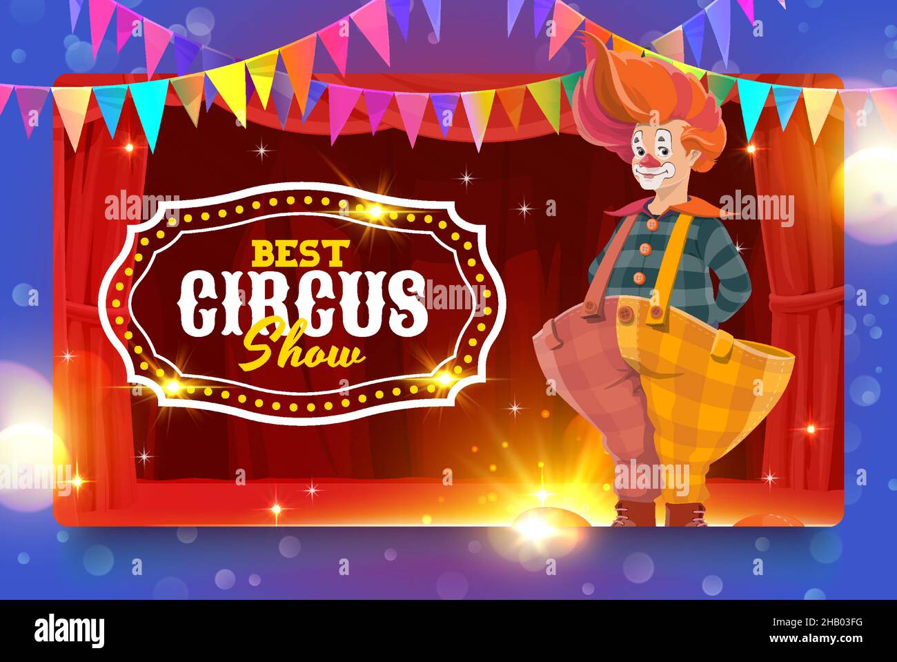 Shapito circus cartoon clown in big trousers on circus stage. Vector ...