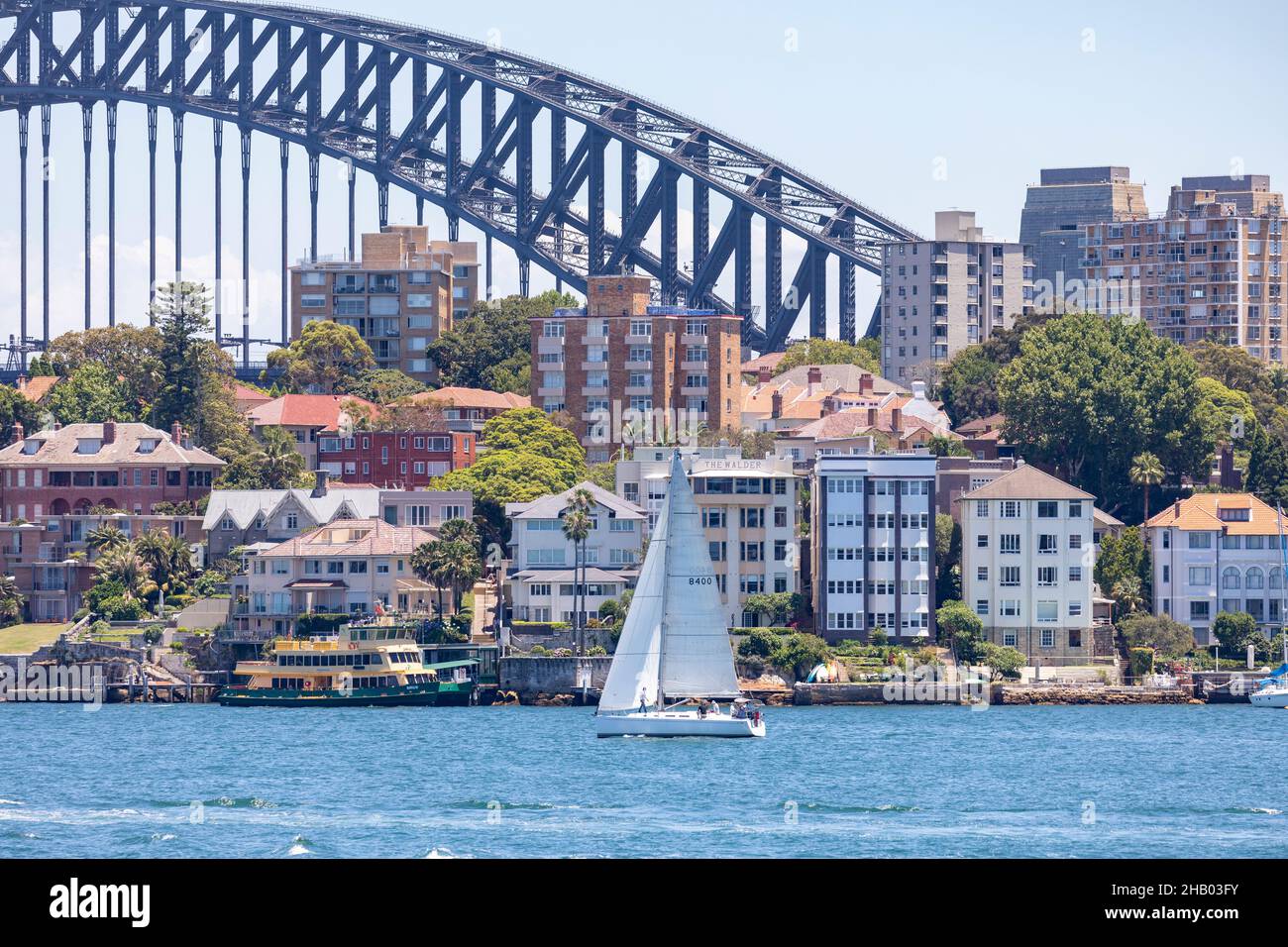 Sailing yacht o Sydney Harbour in front of water homes in Kirribilli
