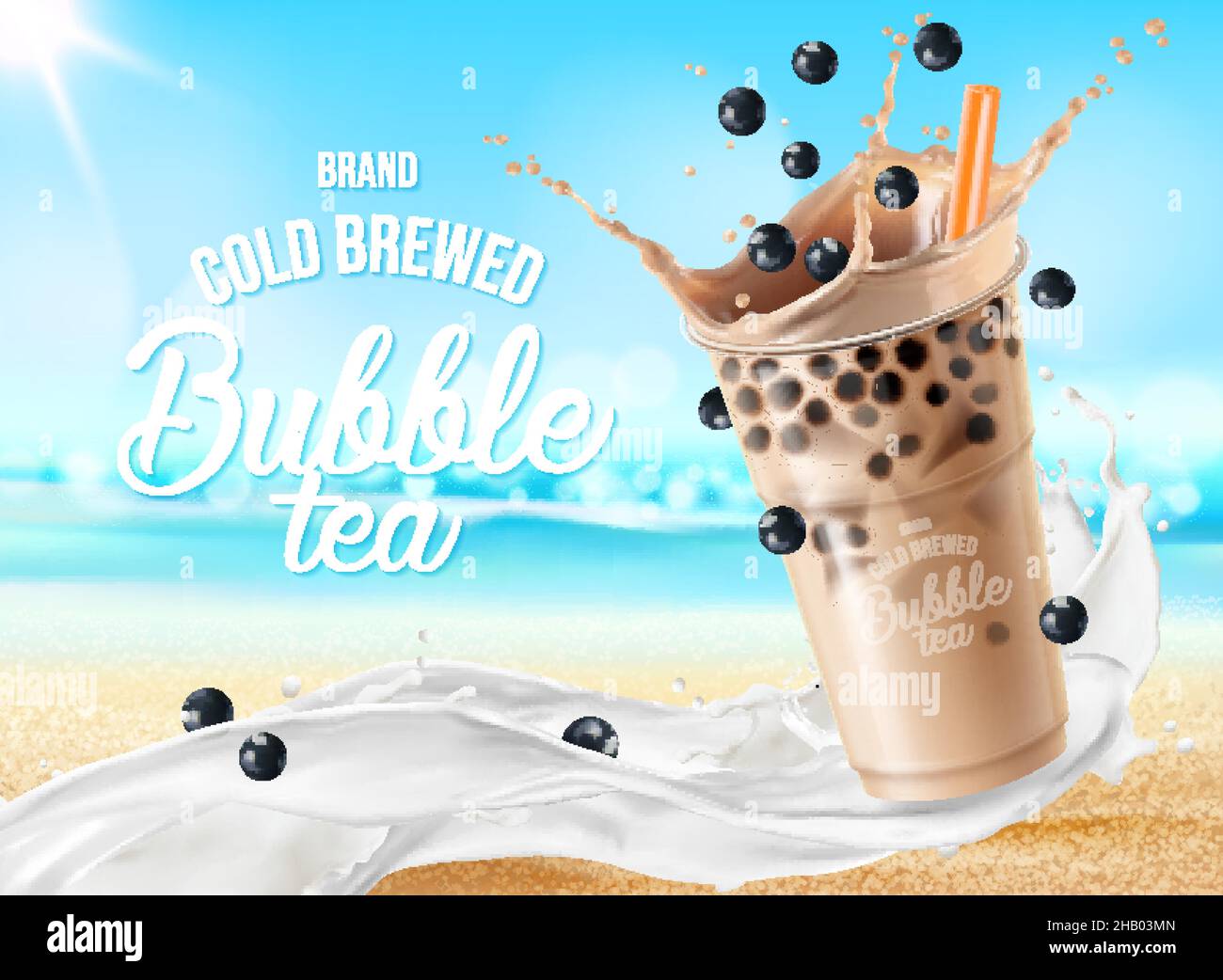 Bubble milk tea with wave splash and chocolate. Vector ad poster with milk tea drink. Boba tea