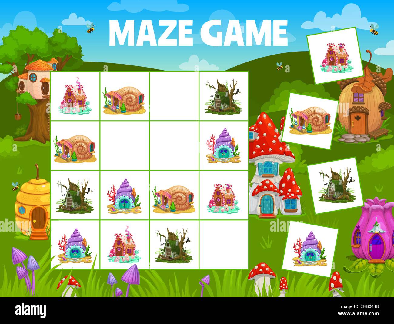 Sudoku kids maze with cartoon houses flower and acorn, shell, beehive ...