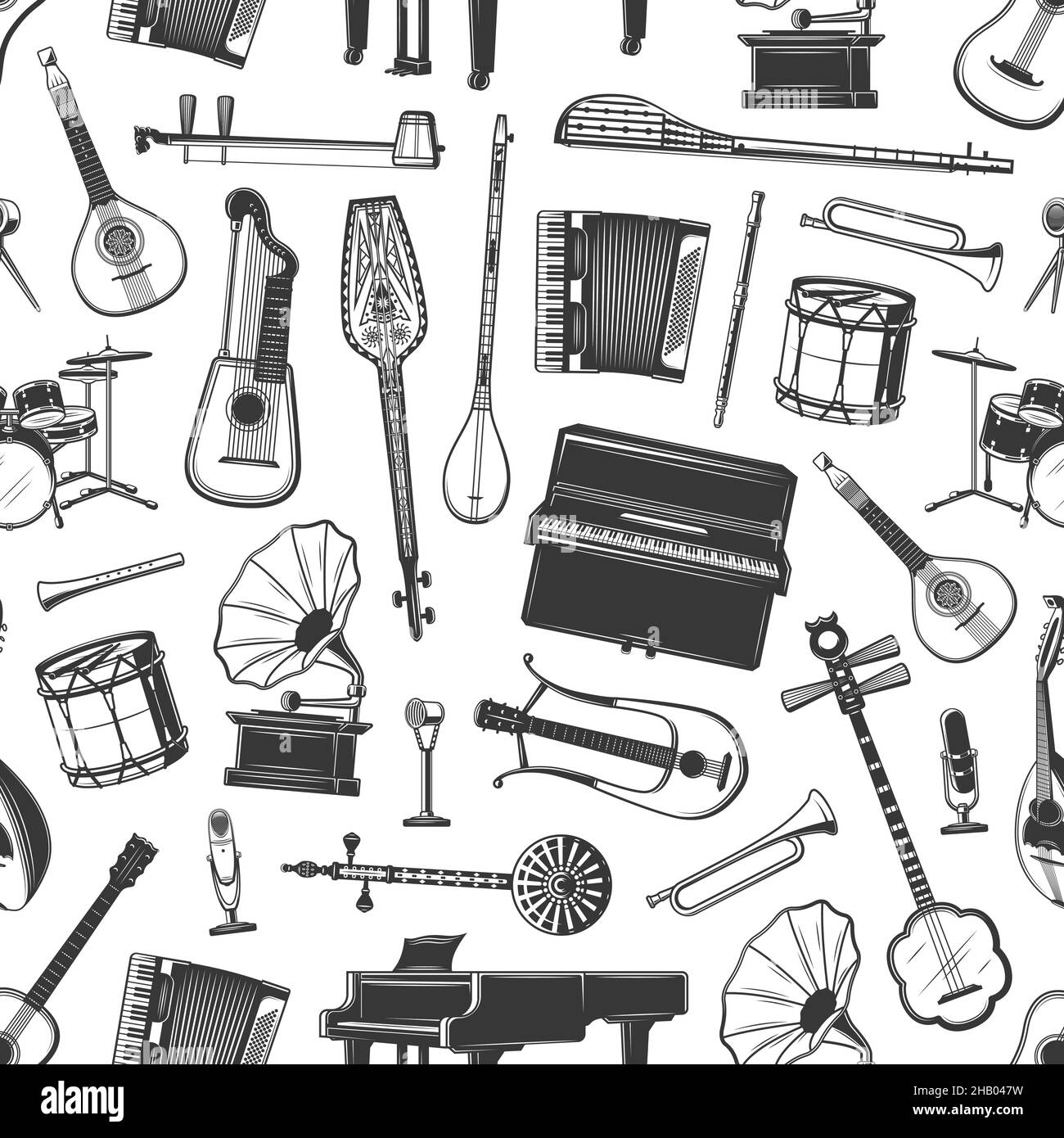 Musical instruments vector seamless pattern. Grand piano, Englich guitar or citra, kamancheh, tanbur and horn, gramophone, microphone and drums kit, f Stock Vector