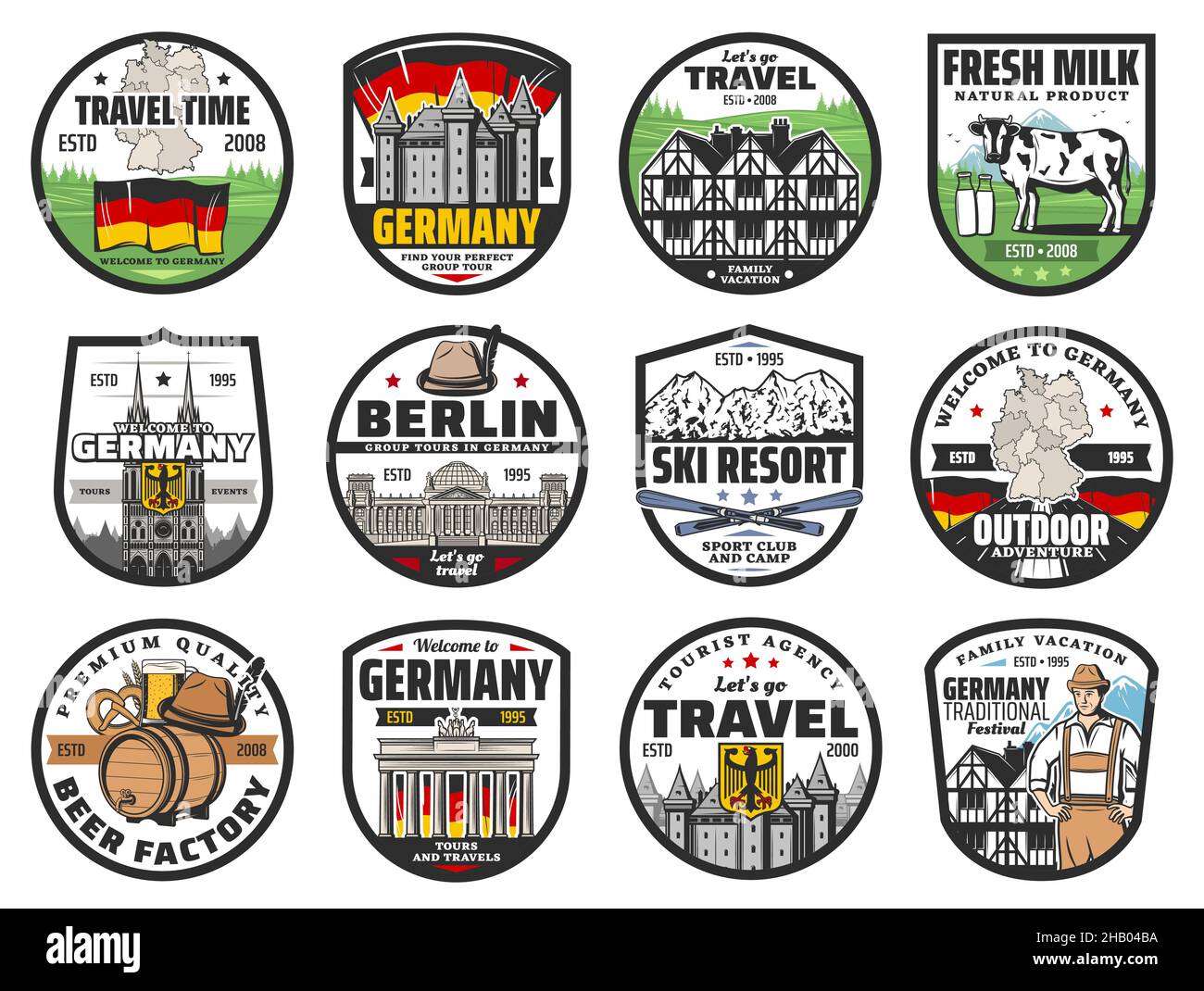 Germany travel icons, landmarks and culture vector symbols. Castle, Brandenburg gate and Reichstag building, bavarian, half-timbered house and milk co Stock Vector