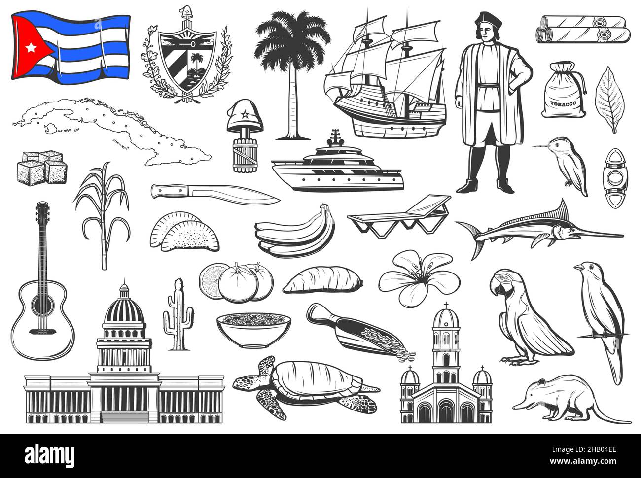 Cuba national symbols, cuisine and nature engraved icons set. Cuban flag and Coat of Arms, capitol building and island map, Christopher Columbus ship, Stock Vector