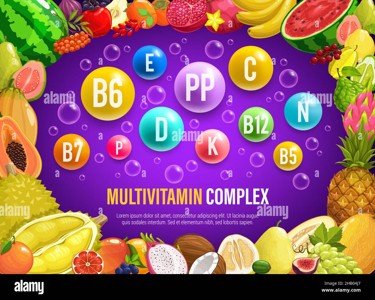 Vitamins and minerals in farm fruits. Multivitamin complex. Vector