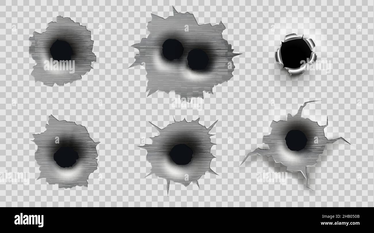 Isolated bullet holes on transparent background, gun bullet marks. Vector realistic 3d gunshot circular breaks, shots, metal round cracks with torn ed Stock Vector