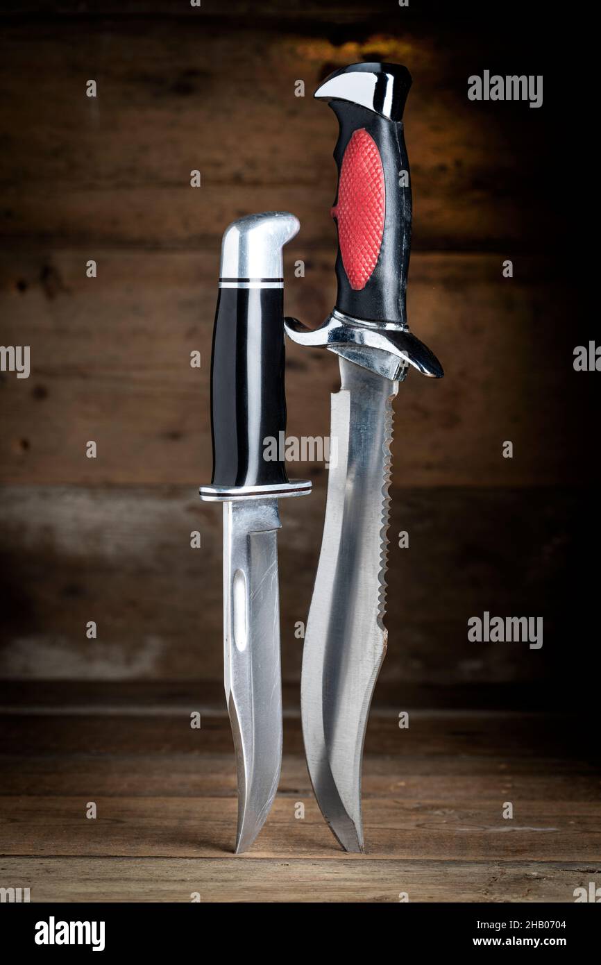 https://c8.alamy.com/comp/2HB0704/two-large-sheath-knives-stuck-into-a-wooden-surface-2HB0704.jpg