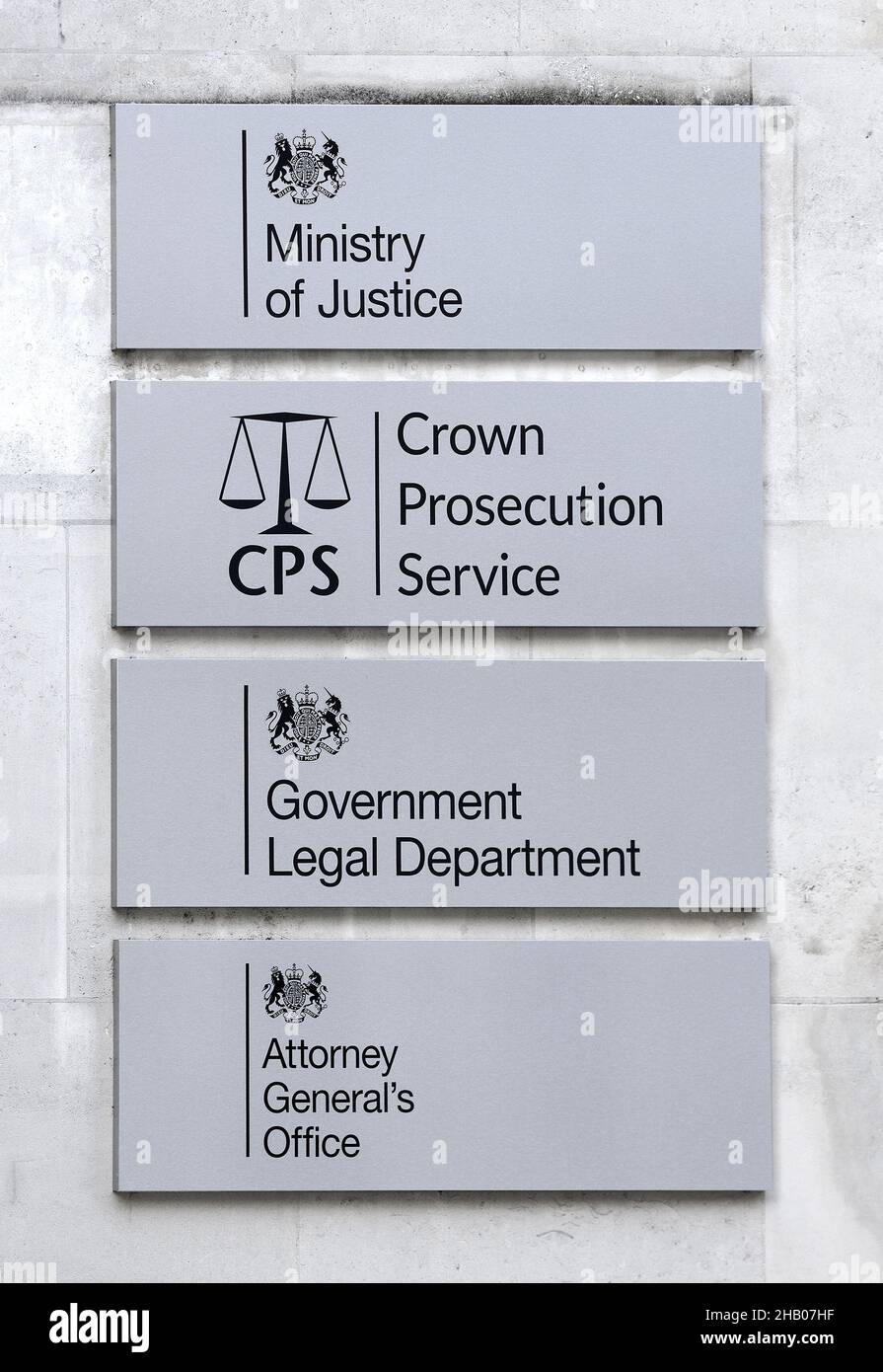 London, England, UK. Signs in Petty France, near St James's Park: Ministry of Justice; Crown Prosecution Service, Government Legal Department, Attorne Stock Photo