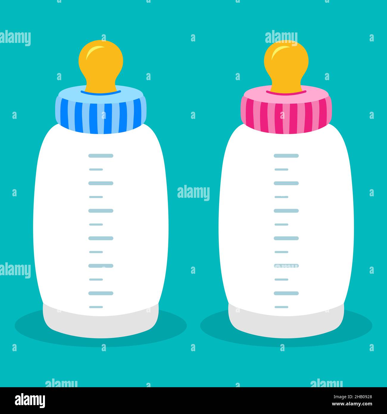 Two baby milk bottles blue boy and pink girl Stock Photo - Alamy