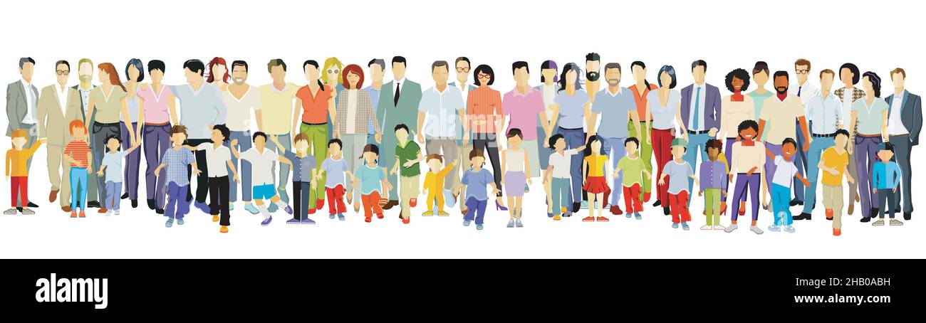 Parents and children, families groups isolated on white, illustration Stock Vector