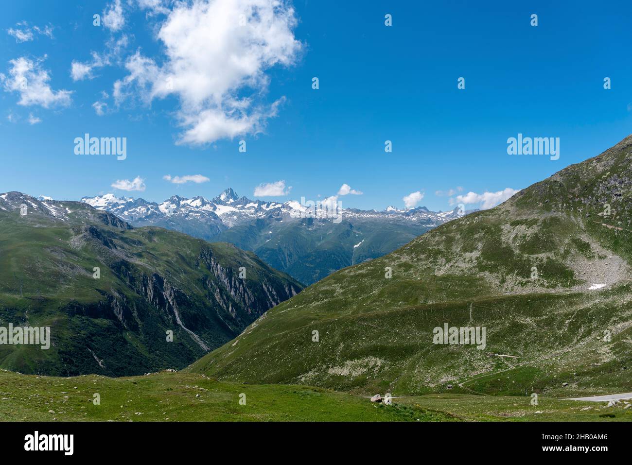 Alpine landscape from the Nufenen Pass with the mountain Finsteraarhorn, Ulrichen, Valais, Switzerland, Europe Stock Photo