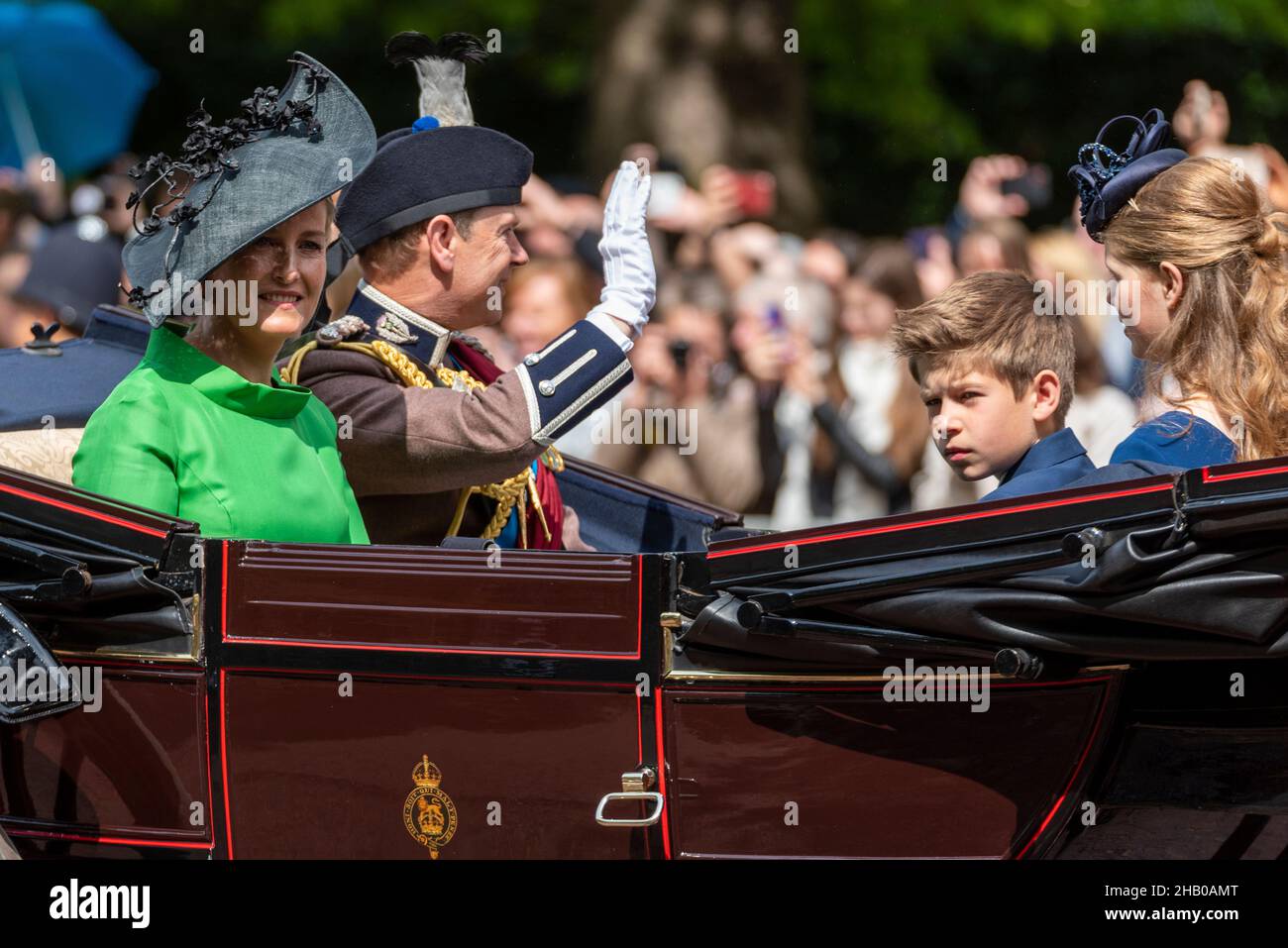 Sophie, Countess of Wessex with Prince Edward, James, Viscount Severn and Lady Louise Windsor at Trooping the Colour in carriage on The Mall, London Stock Photo
