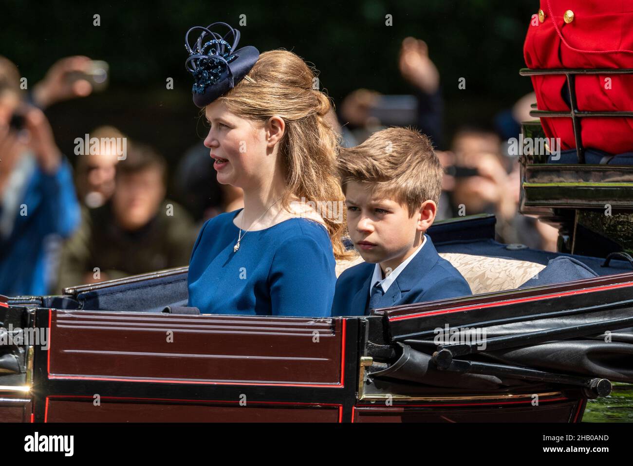 Lady Louise Windsor and James, Viscount Severn at Trooping the Colour 2019 in carriage on The Mall, London, UK. Children of Prince Edward and Sophie Stock Photo