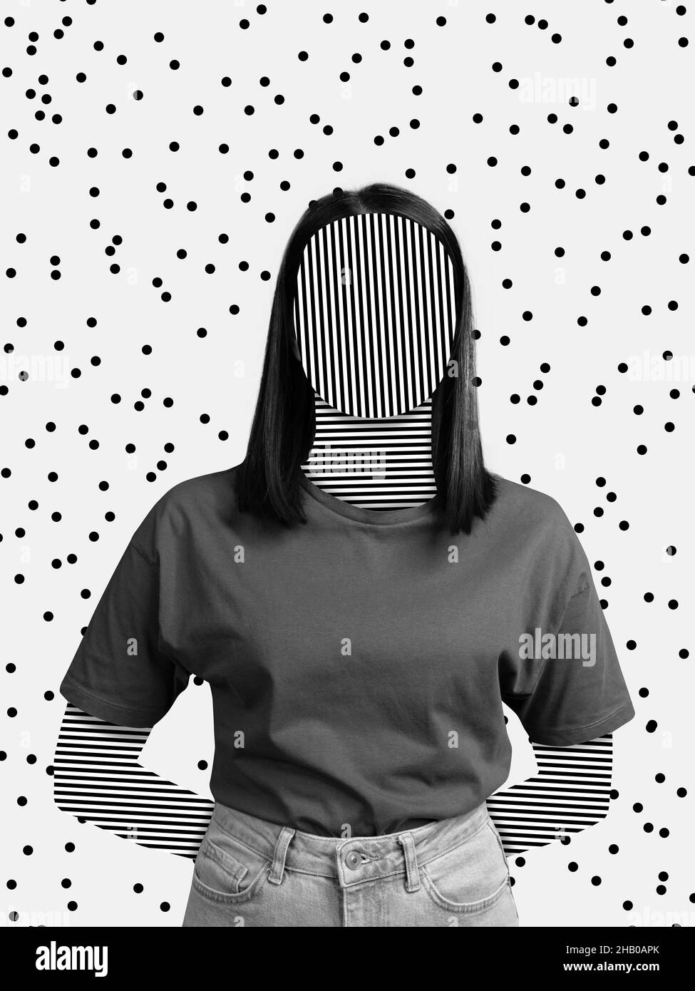 Contemporary art collage of woman with blank face space, faceless isolated over white background Stock Photo
