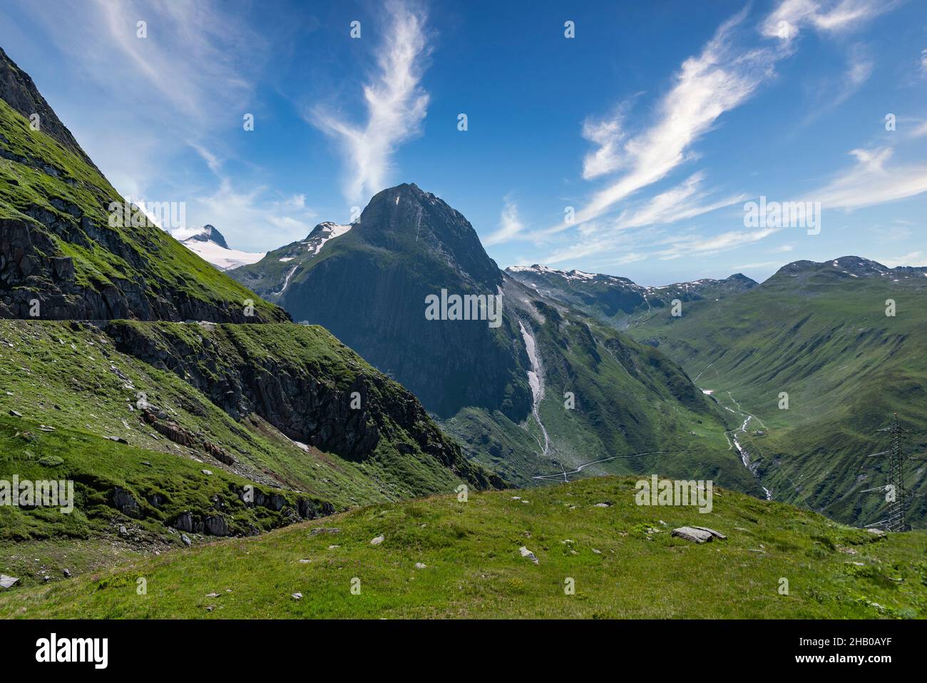Alpine landscape near the Nufenen Pass with a view into the Leng Valley, Ulrichen, Valais, Switzerland, Europe Stock Photo
