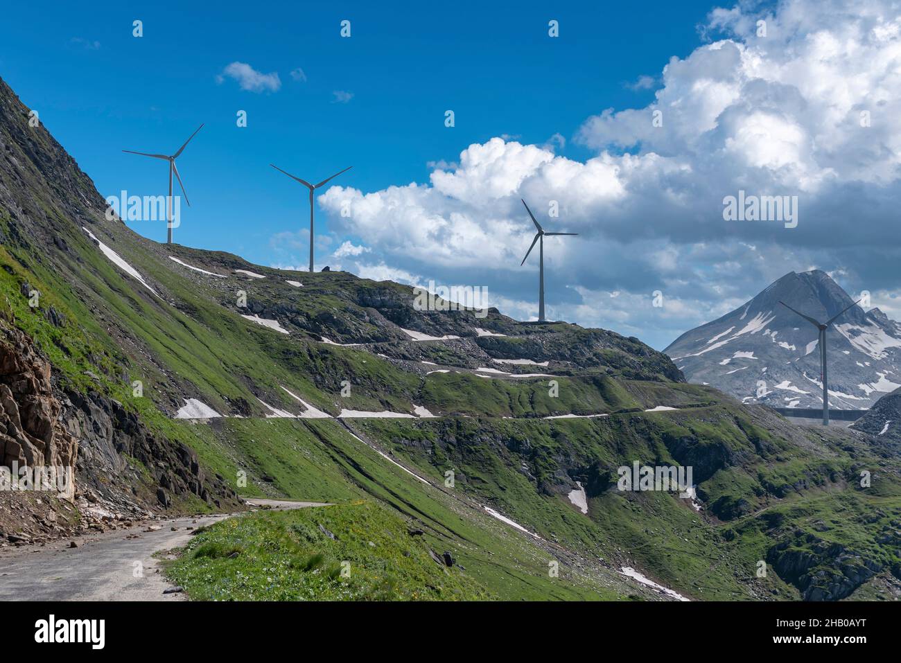 Wind turbine below the Griessee near the Nufenen Pass, Ulrichen, Valais, Switzerland, Europe Stock Photo