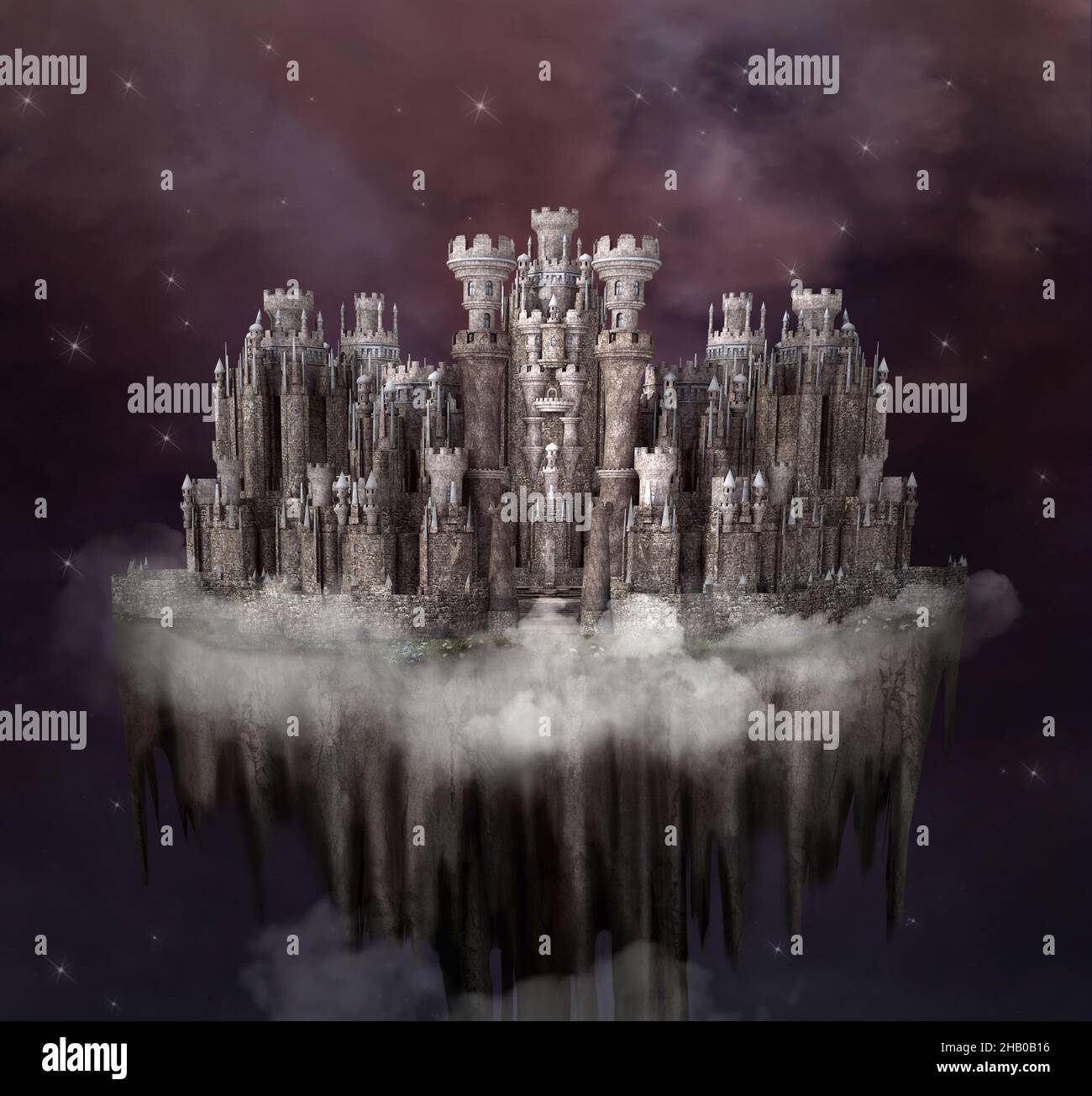 Fantasy citadel flying in a starry sky Stock Photo