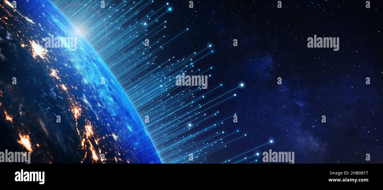 Telecommunication technology with connections around Earth viewed from space. Internet, IoT, cyberspace, global business, innovation, big data science Stock Photo