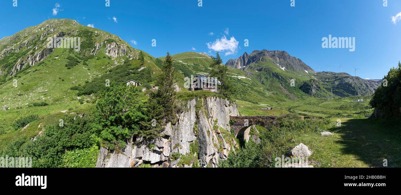 Alpine landscape with a historic arch bridge near the hamlet of Ladstafel below the Nufenen Pass, Ulrichen, Valais, Switzerland, Europe Stock Photo