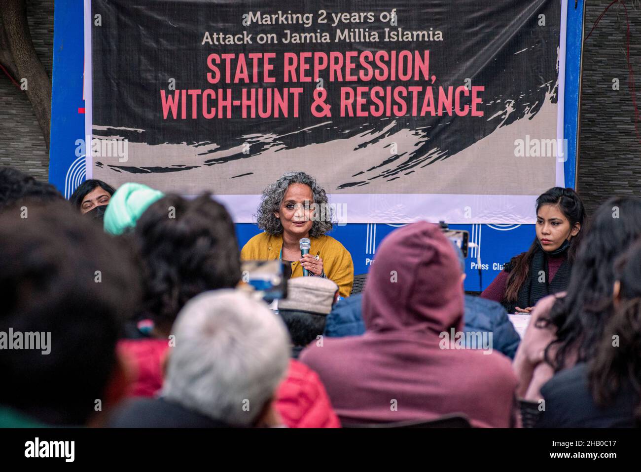 New Delhi, Delhi, India. 15th Dec, 2021. Arundhati Roy during the event marking 2 years of Attack on Jamia Millia Islamia, Central University on 15th December 2019.On 15th December 2019 the Delhi Police and the RAF officials entered the University without permission of the administration. The police and RAF officials made disproportionate use of force against students. Amongst other weaponries, pellets, rubber bullets and even live ammunition was discharged against young, protesting students. Tear gas shells and sound bombs were used indiscriminately, including in confined spaces. Police a Stock Photo