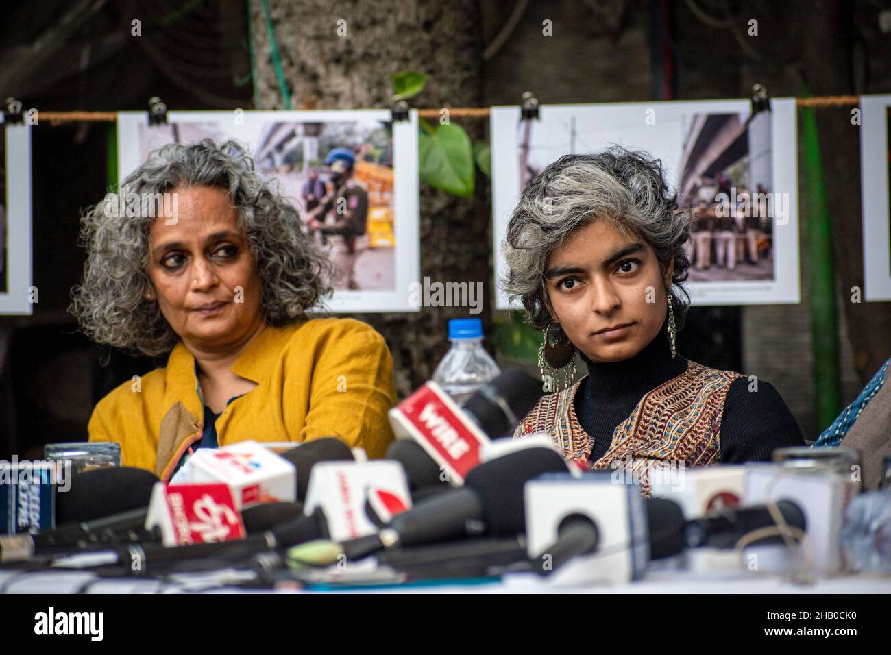 New Delhi, Delhi, India. 15th Dec, 2021. Arundhati Roy along with Radhika Chitkara (People's Union for Democratic Rights) during the event marking 2 years of Attack on Jamia Millia Islamia, Central University on 15th December 2019.On 15th December 2019 the Delhi Police and the RAF officials entered the University without permission of the administration. The police and RAF officials made disproportionate use of force against students. Amongst other weaponries, pellets, rubber bullets and even live ammunition was discharged against young, protesting students. Tear gas shells and sound bombs Stock Photo