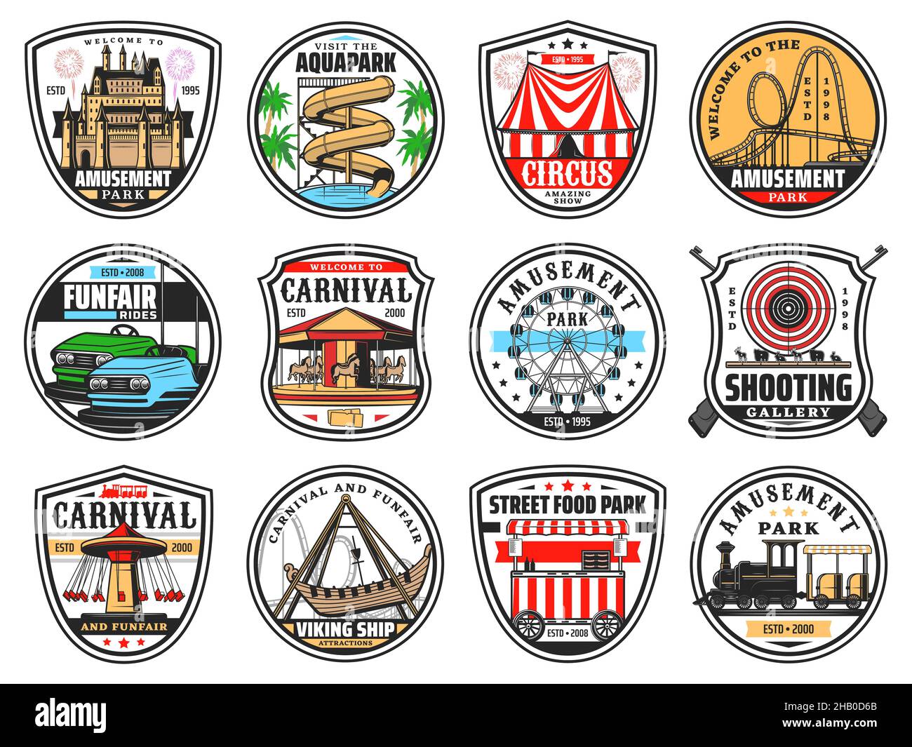 Funfair and amusement park vector icons. Big top circus, karting rides ...