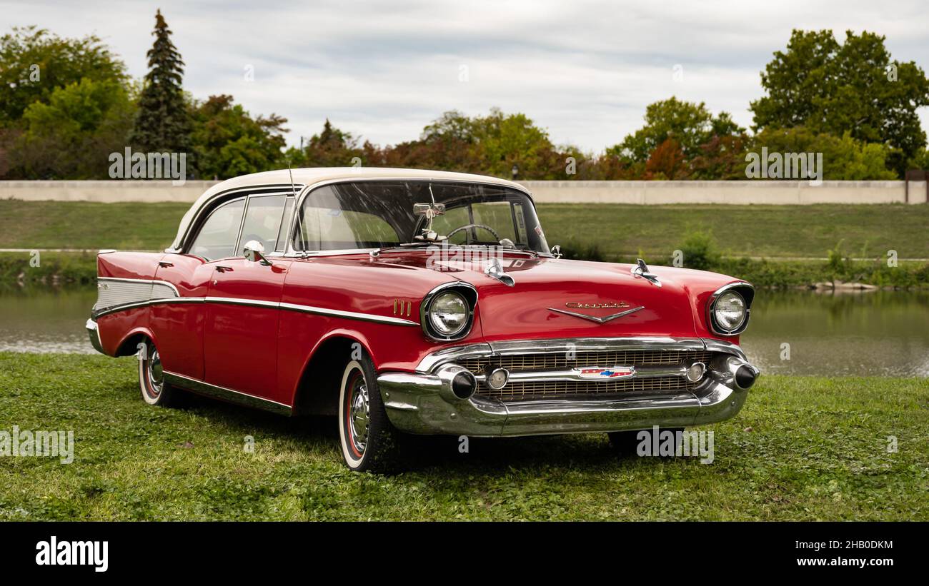 FRANKENMUTH, MI/USA - SEPTEMBER 10, 2021: A 1957 Chevrolet Bel Air car at the Frankenmuth Auto Fest, held in Heritage Park. Stock Photo