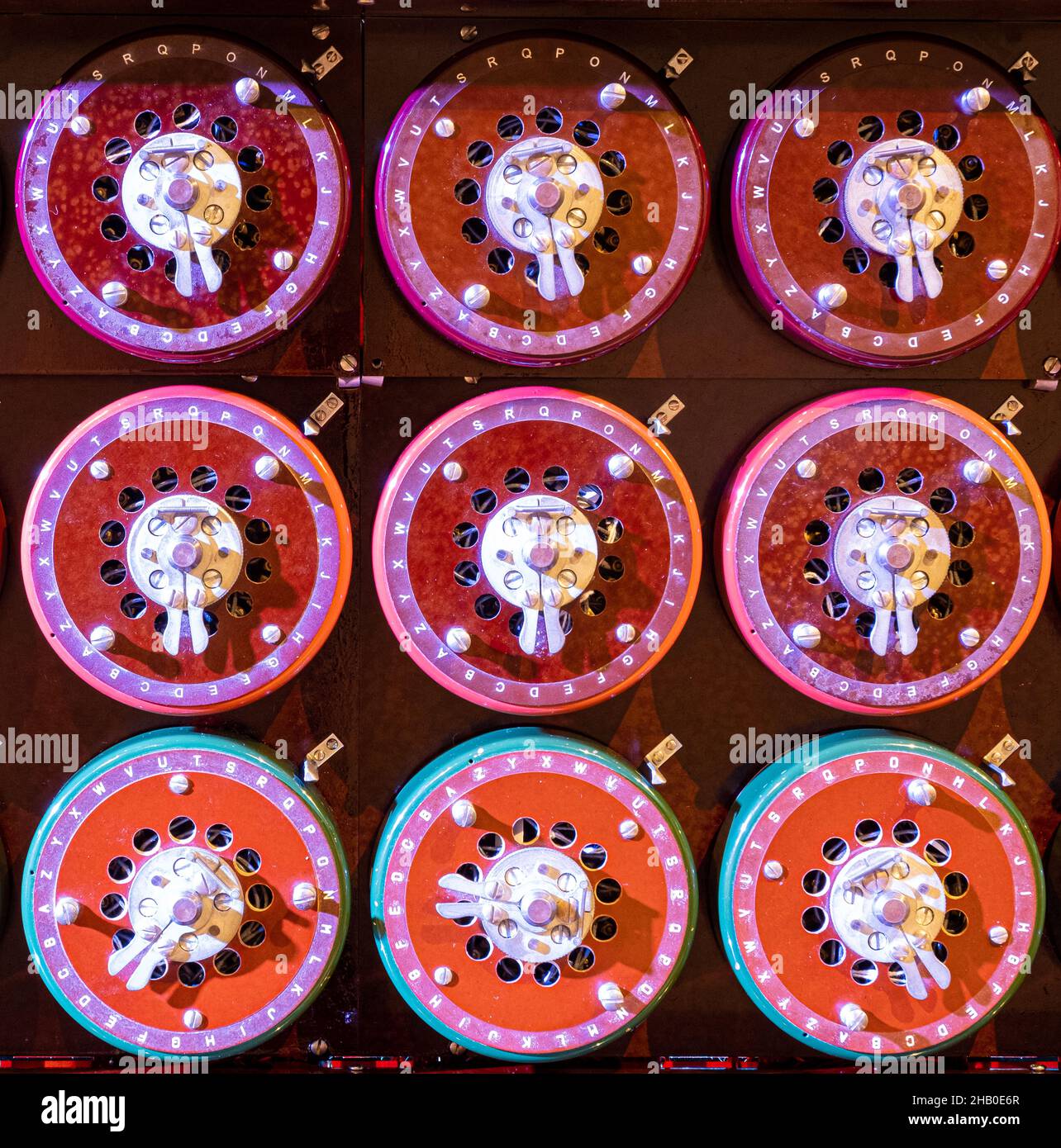 The rotors and dials of a World War 2 Bombe code breaking machine at Bletchley Park. Stock Photo