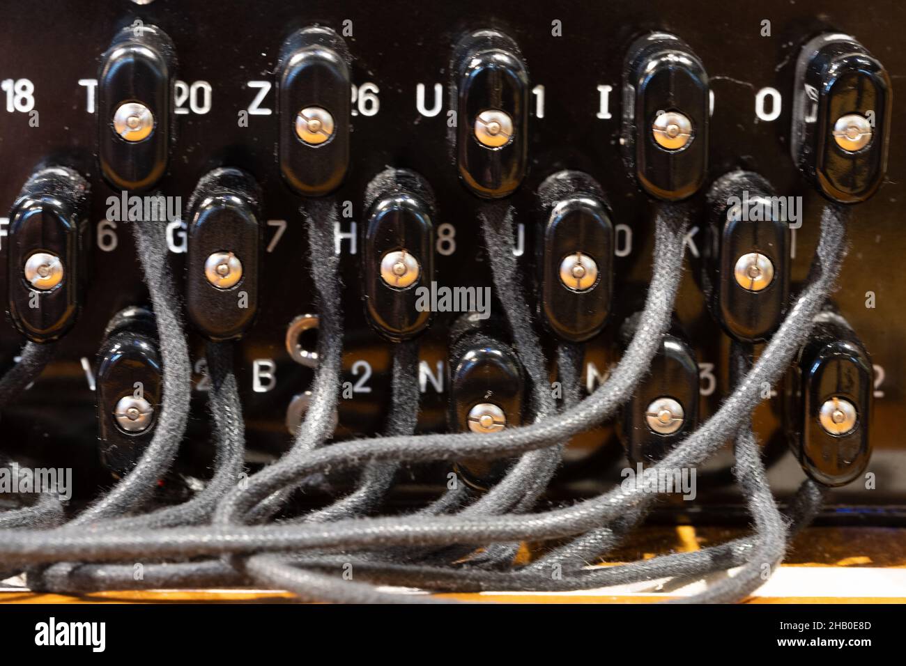 The plugboard from a German World War 2 'Enigma' encryption machine at Bletchley Park, Buckinghamshire. Stock Photo