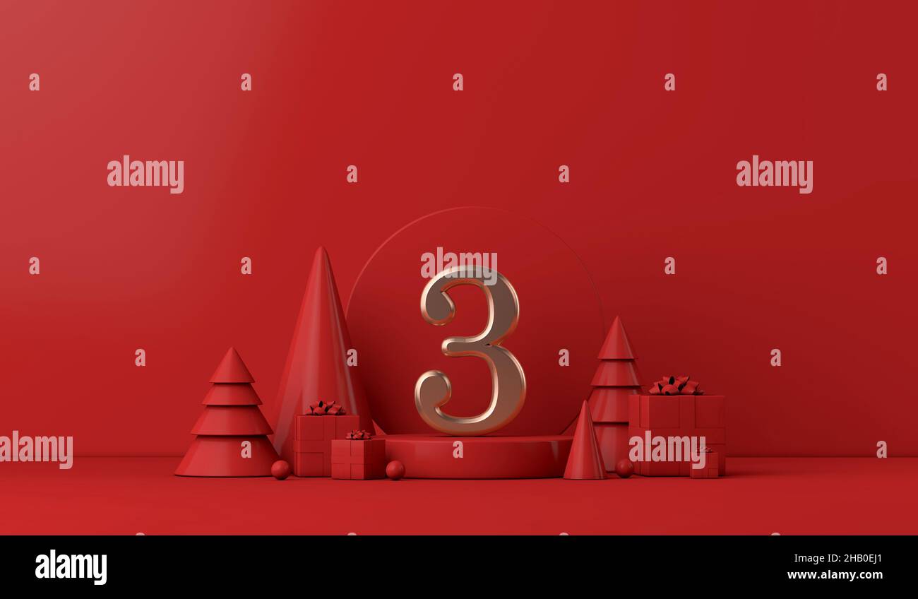 The 12 days of christmas. 3rd day festive background. 3D Render Stock Photo