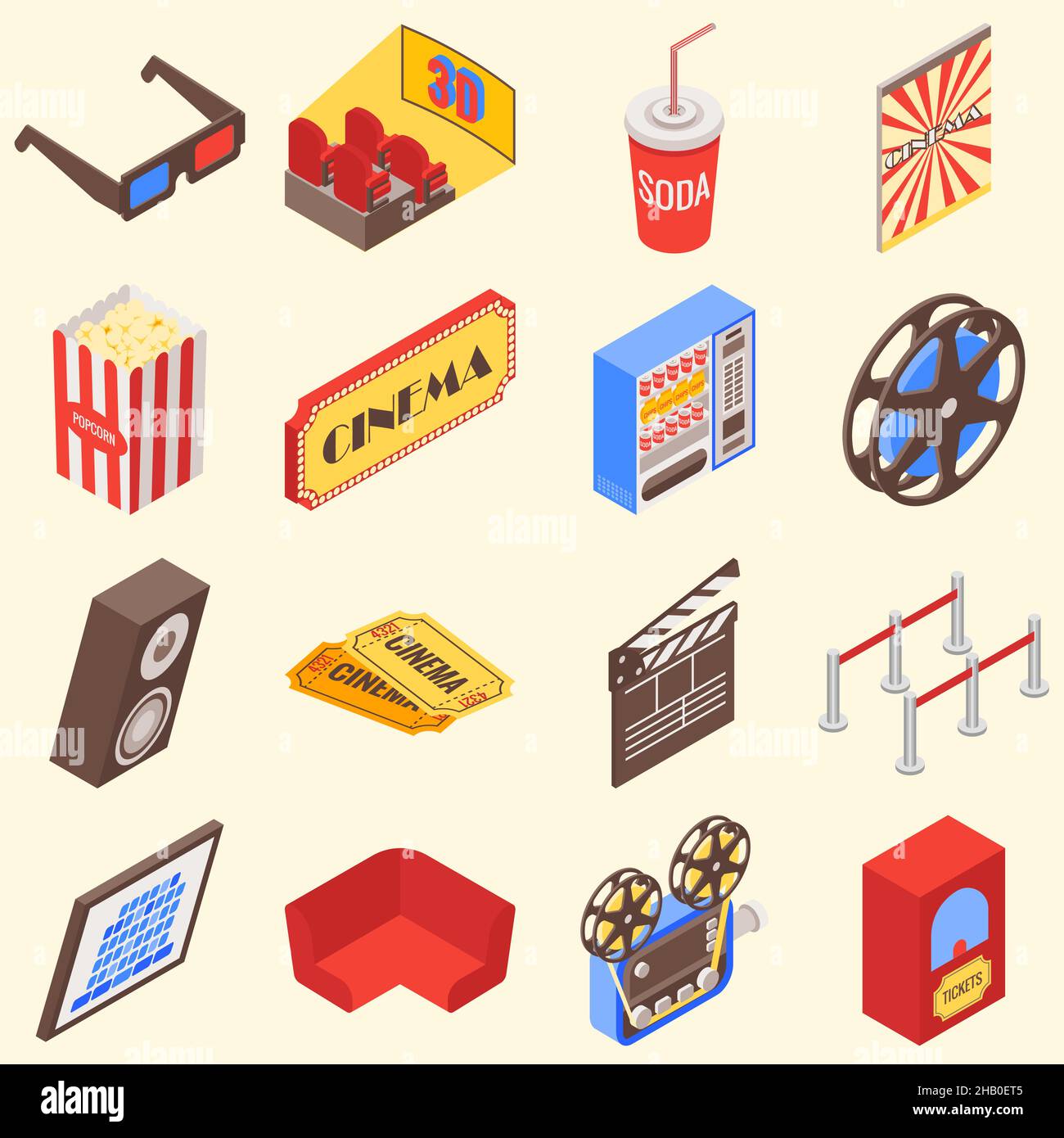Movie theater accessories and gadgets in isometric style design. Vector