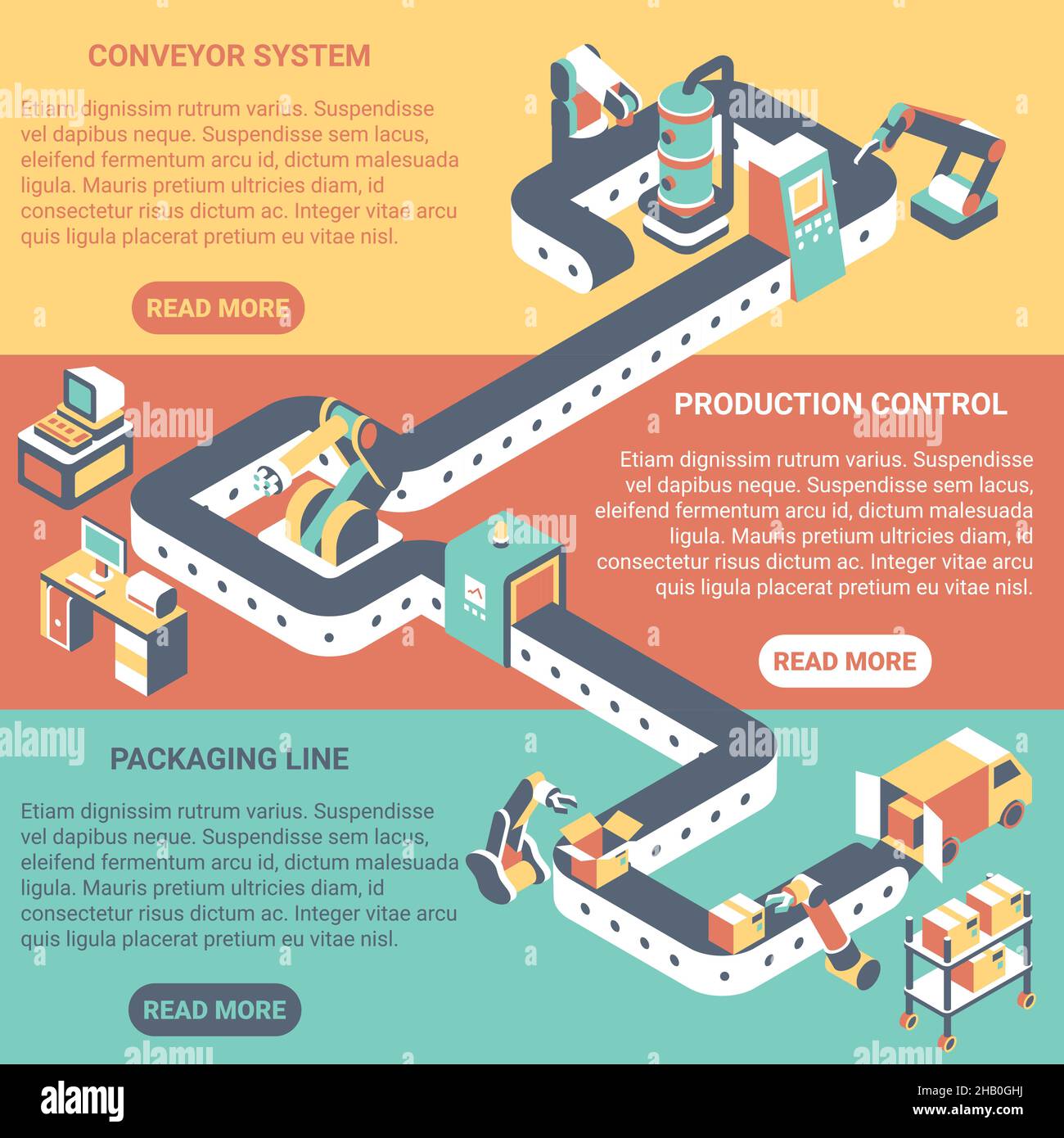 Conveyor concept vector flat isometric horizontal banner set Stock Vector