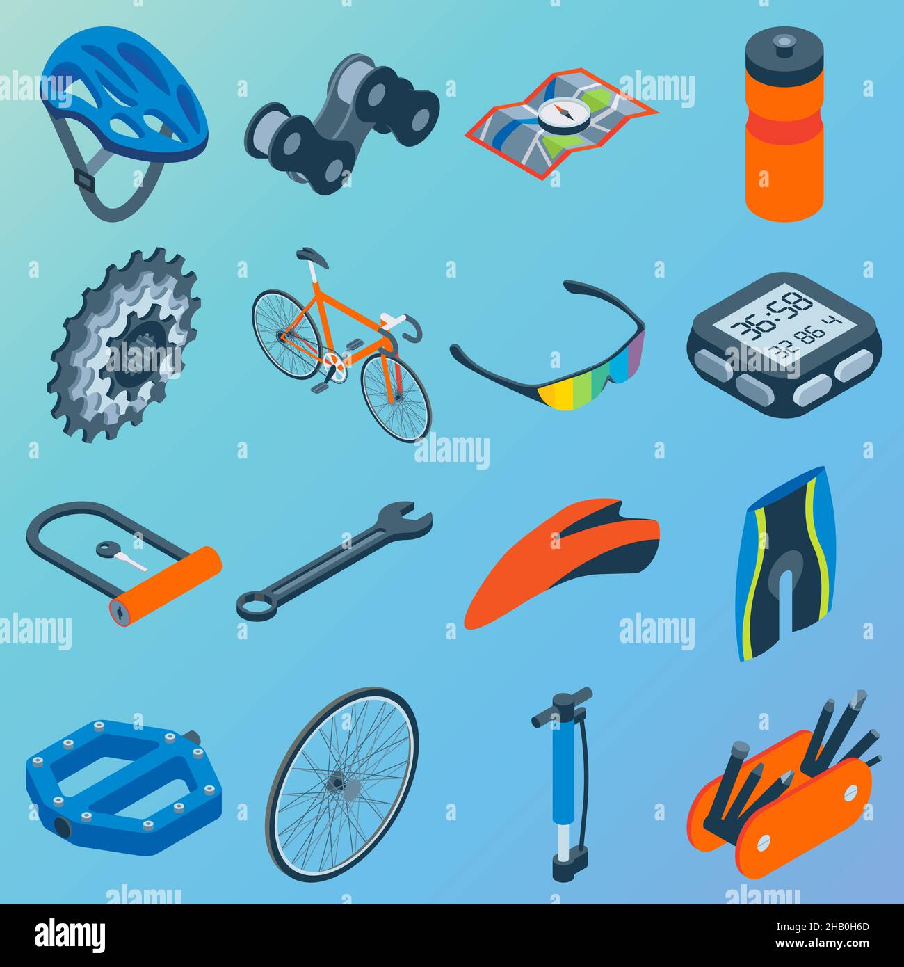 Vector set of bicycle parts isolated isometric icons. Bicycle objects