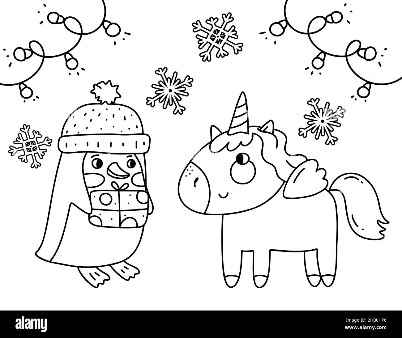 Christmas coloring book page. Unicorn with penguin coloring book page. Stock Photo