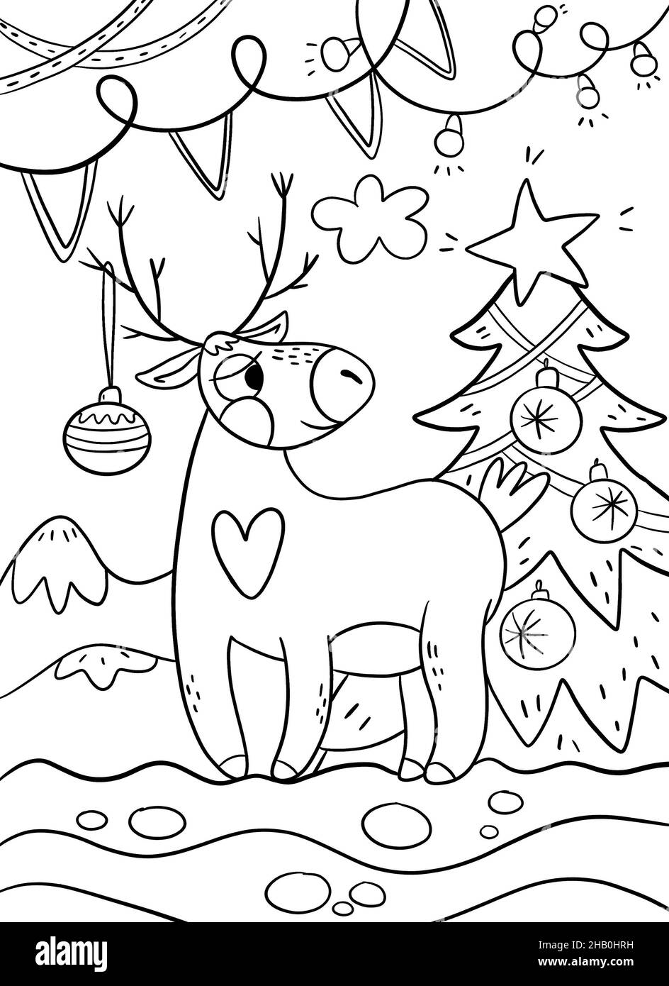 Coloring book page for Christmas. Deer near the Christmas tree and