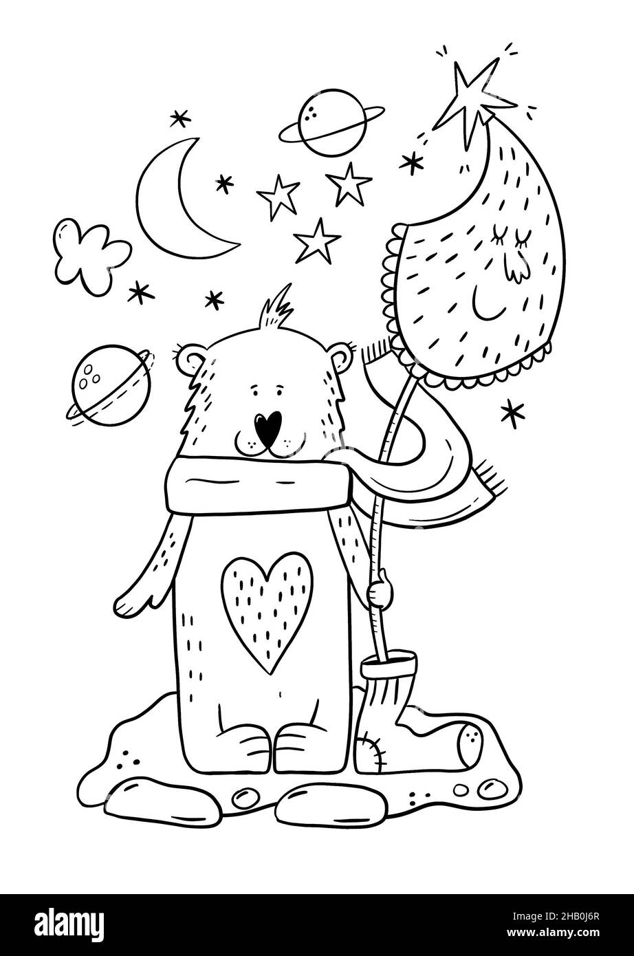 Christmas coloring book page. Hand drawn bear with Christmas tree ...