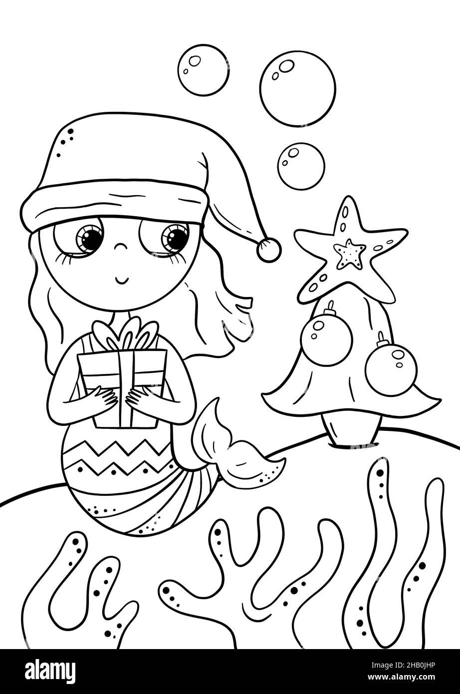 Cute little mermaid celebrate Christmas, Coloring book page for kids. Collection of design element, outline, kawaii anime chibi style. Stock Photo