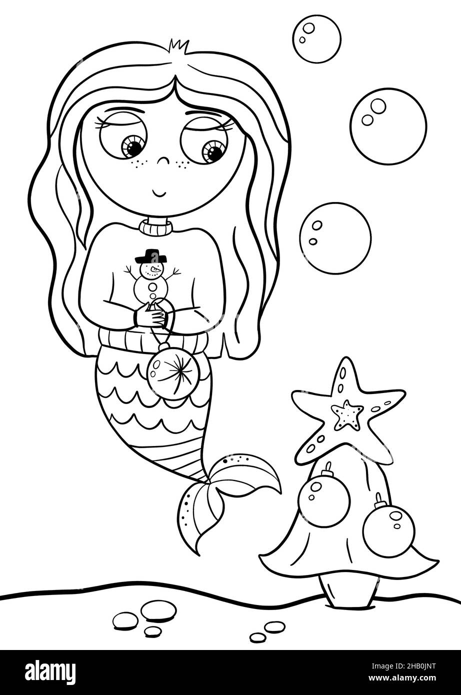 ute little mermaid celebrate Christmas, Coloring book page for kids. Collection of design element, outline, kawaii anime chibi style Stock Photo
