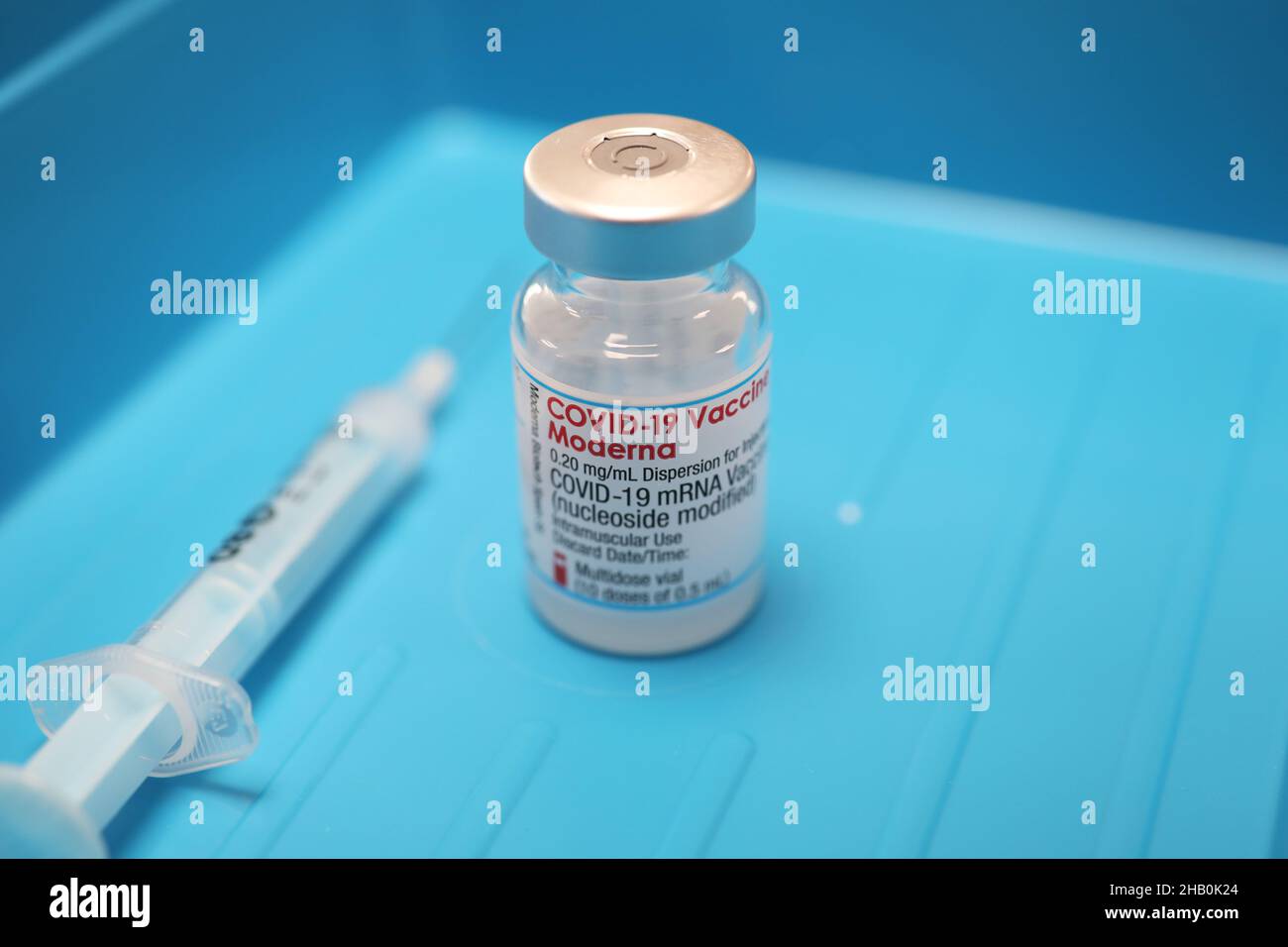 A Moderna vaccine in London, UK. Moderna is a US pharmaceutical and biotechnology company based in Massachusetts and is used for Covid 19. Stock Photo