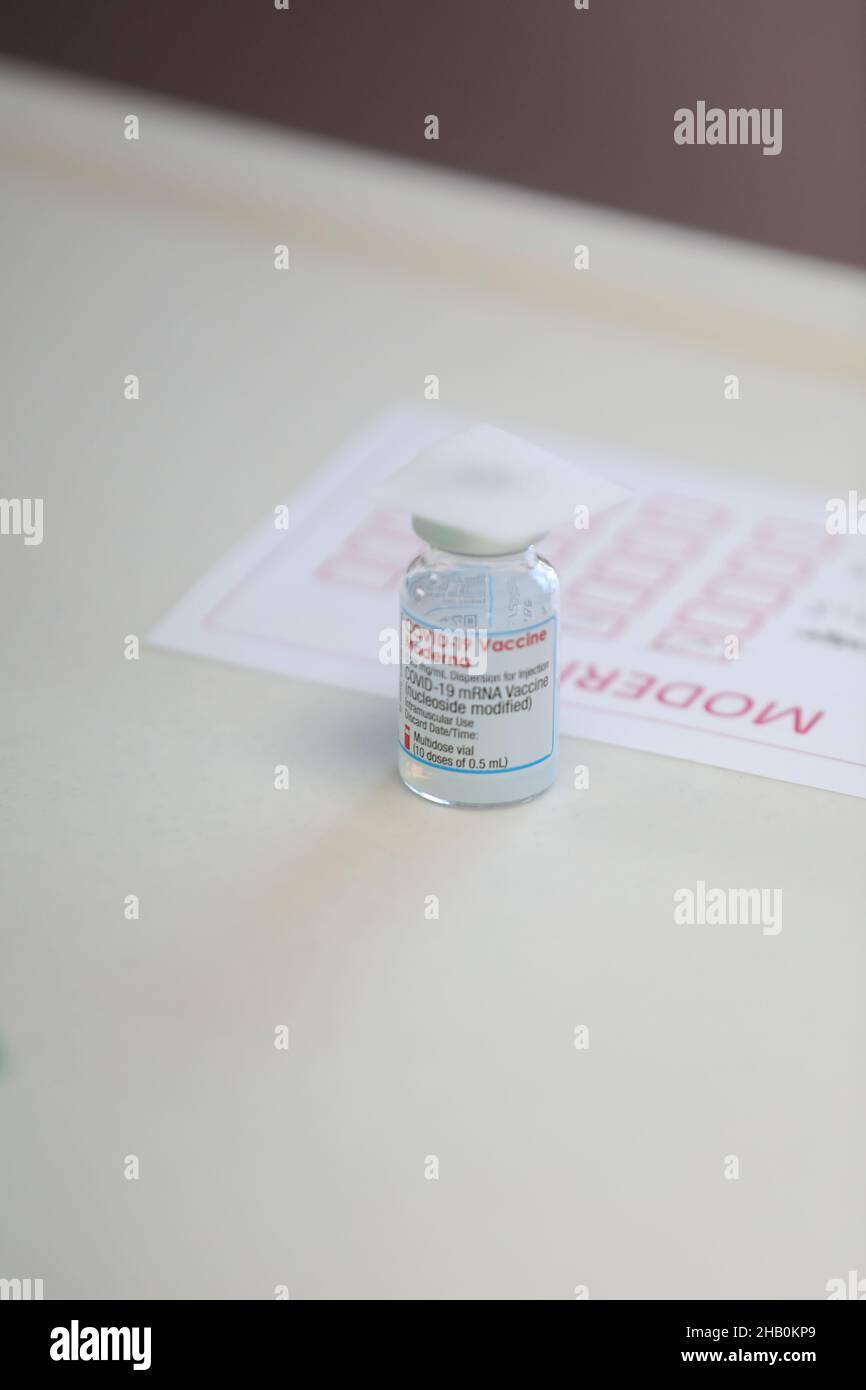 A Moderna vaccine in London, UK. Moderna is a US pharmaceutical and biotechnology company based in Massachusetts and is used for Covid 19. Stock Photo