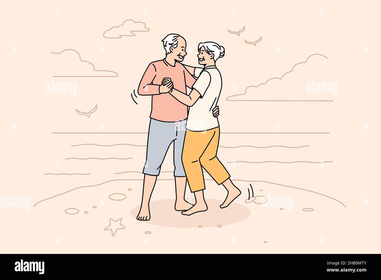 Happy active lifestyle of mature people concept. Smiling happy positive elderly couple man and woman standing dancing and enjoying weekend on beach vector illustration  Stock Vector